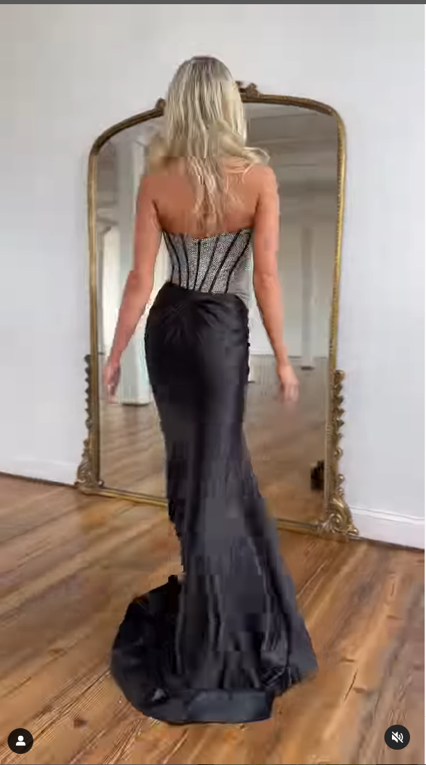 Mermaid Black Strapless Beading Corset Long Prom Dress with Slit