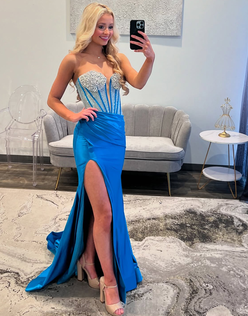 Mermaid Black Strapless Beading Corset Long Prom Dress with Slit