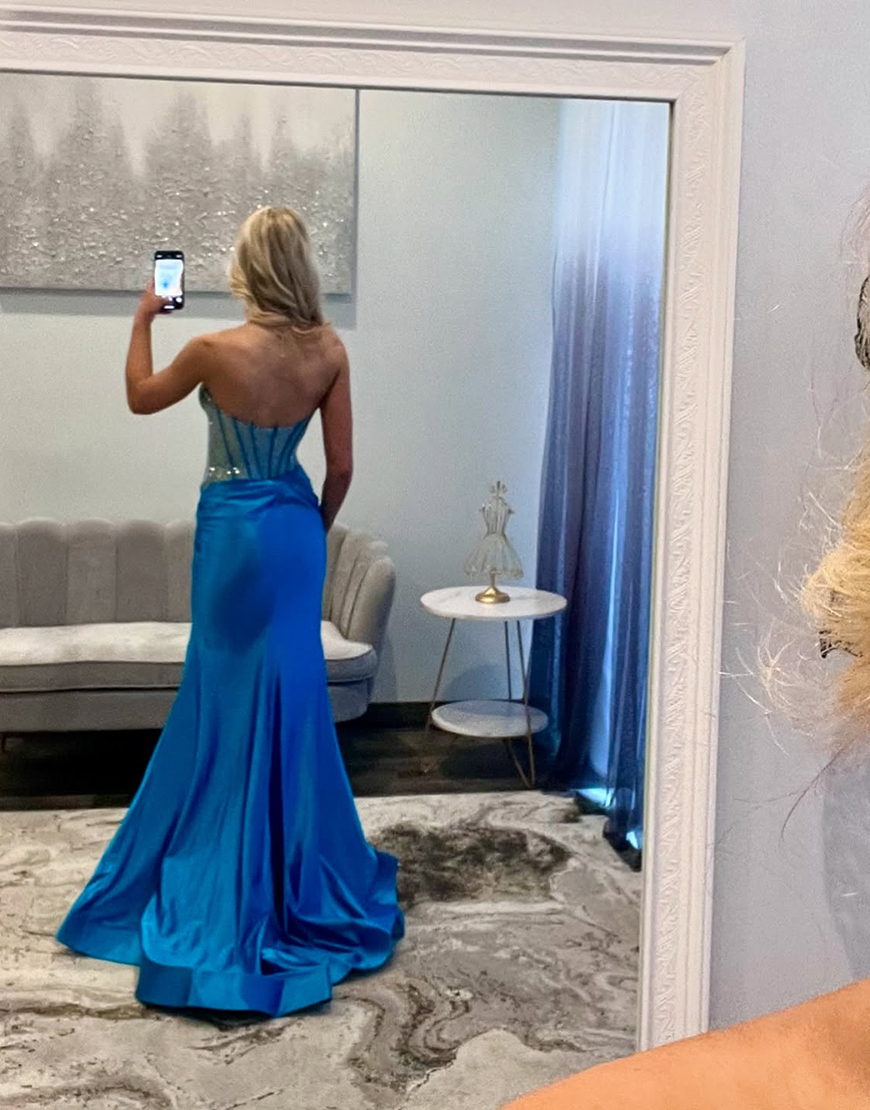 Mermaid Black Strapless Beading Corset Long Prom Dress with Slit