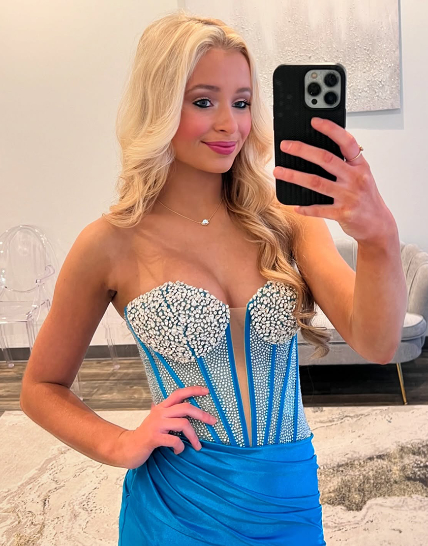 Mermaid Black Strapless Beading Corset Long Prom Dress with Slit