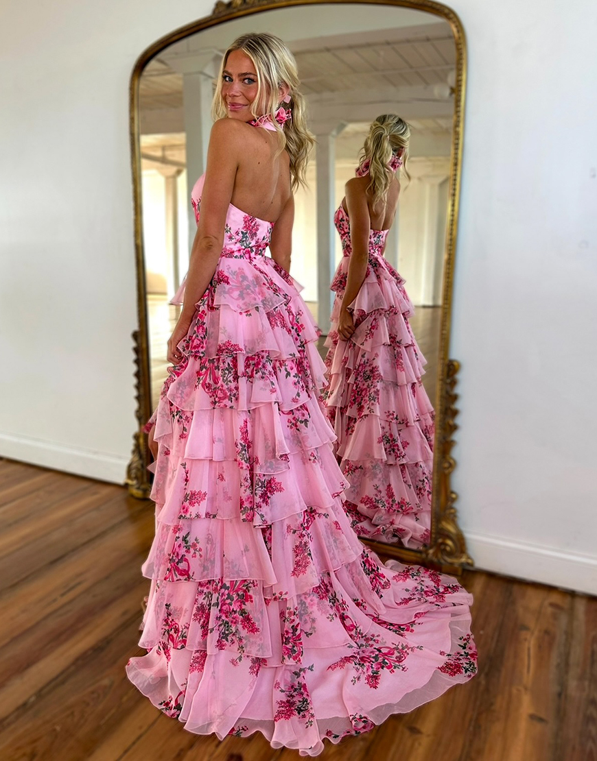 A Line Blush Floral Halter Tiered Pleated Long Prom Dress with Slit