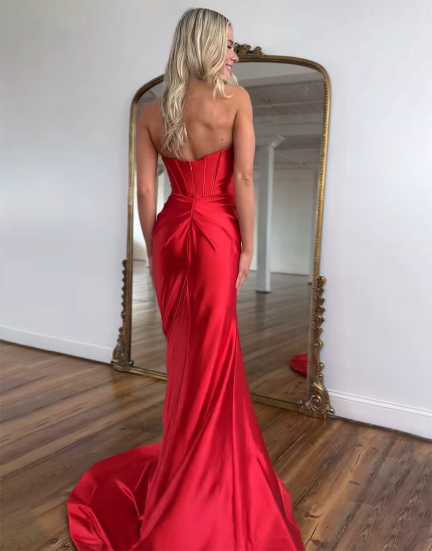 Sparkly Red Mermaid Strapless Bow Corset Long Prom Dress with Slit