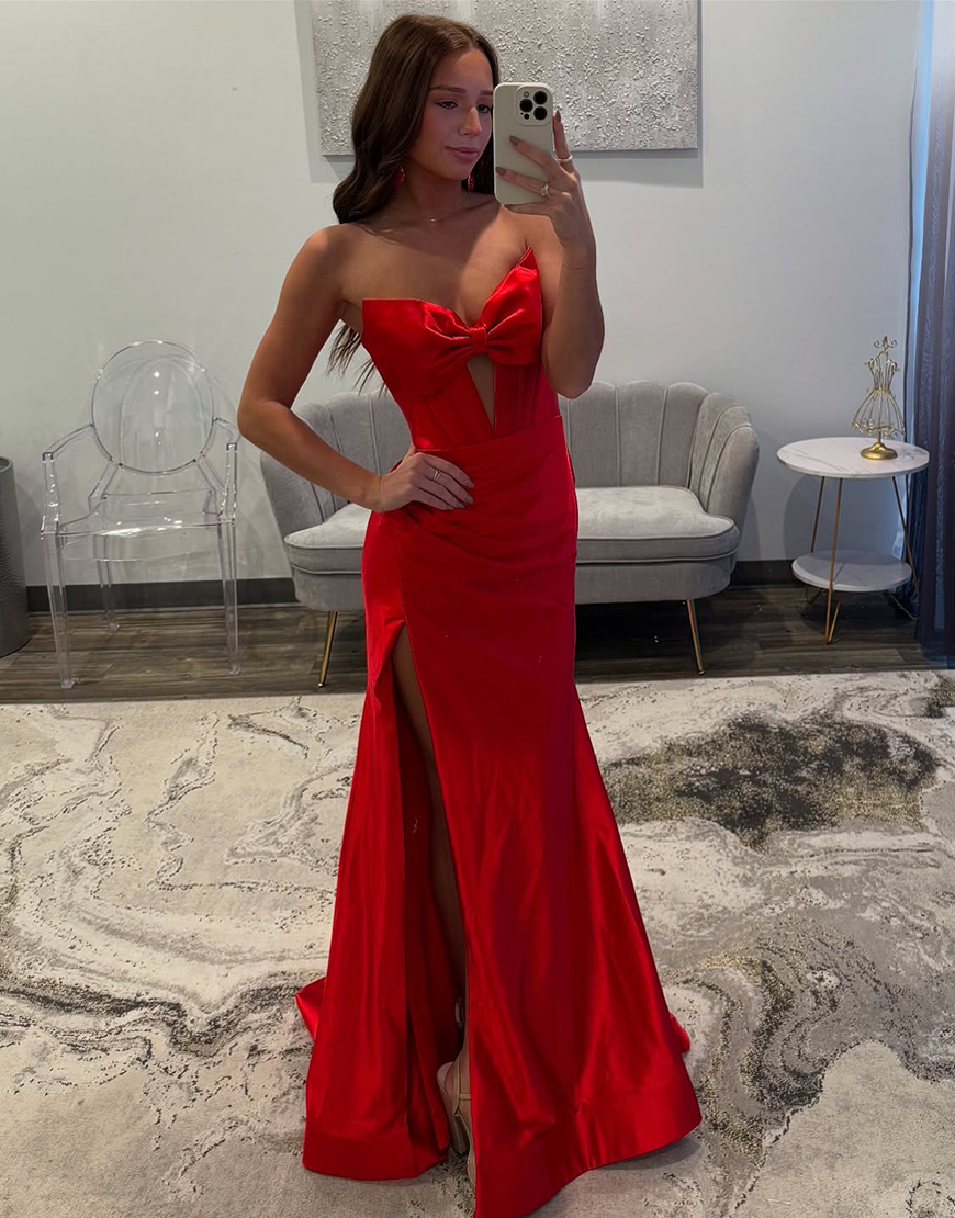 Red Mermaid Strapless Bow Corset Ruched Long Prom Dress with Slit