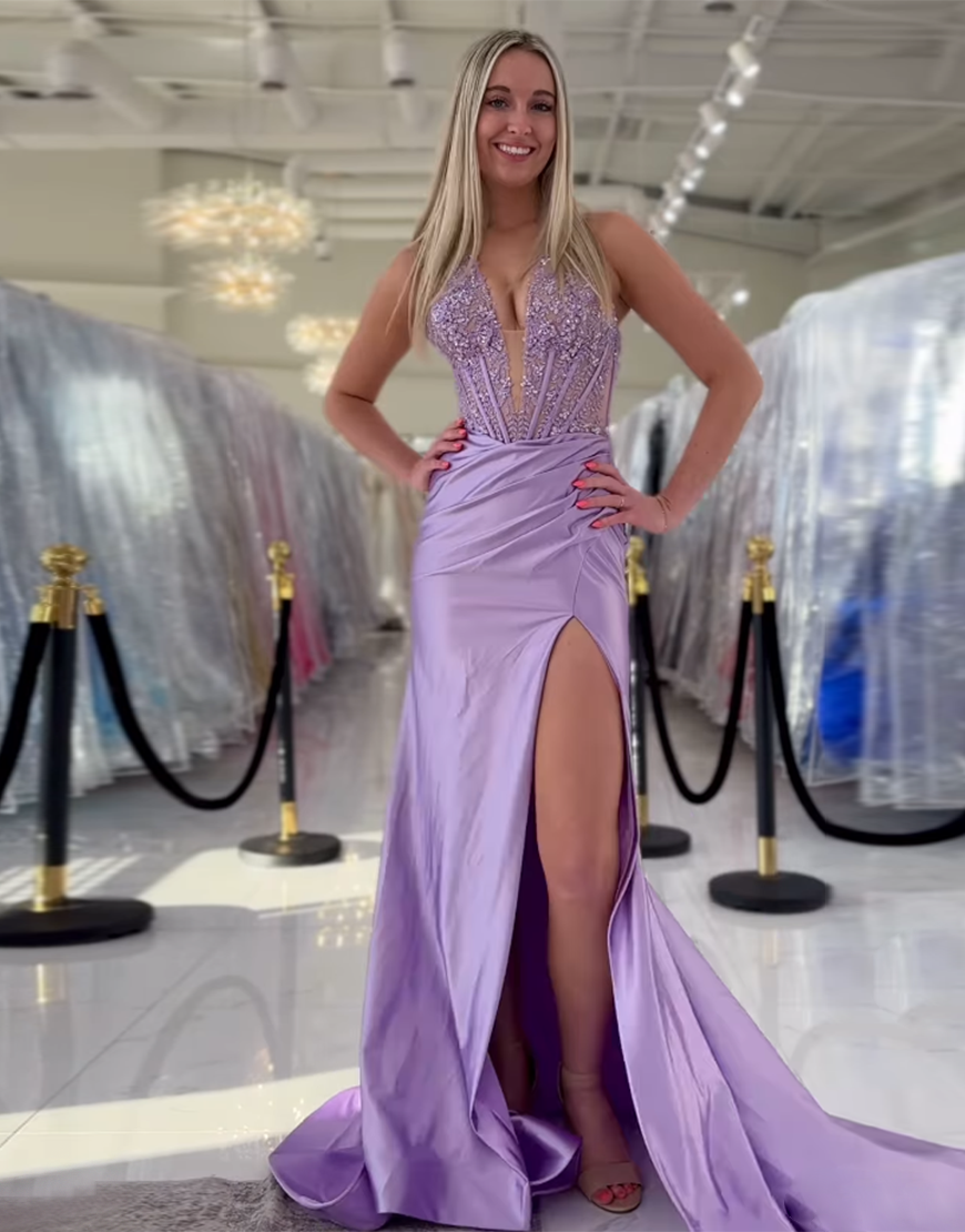 Sparkly Red Mermaid Halter V-Neck Beading Long Prom Dress with Slit