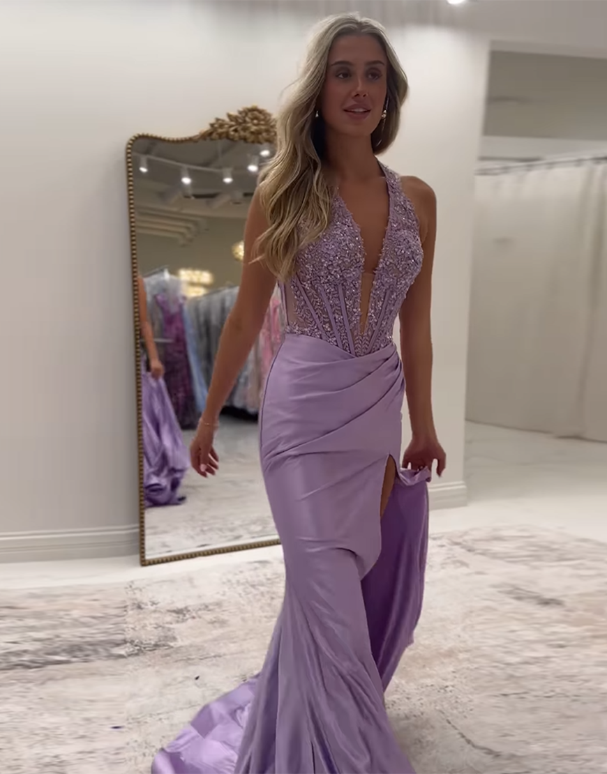 Sparkly Red Mermaid Halter V-Neck Beading Long Prom Dress with Slit