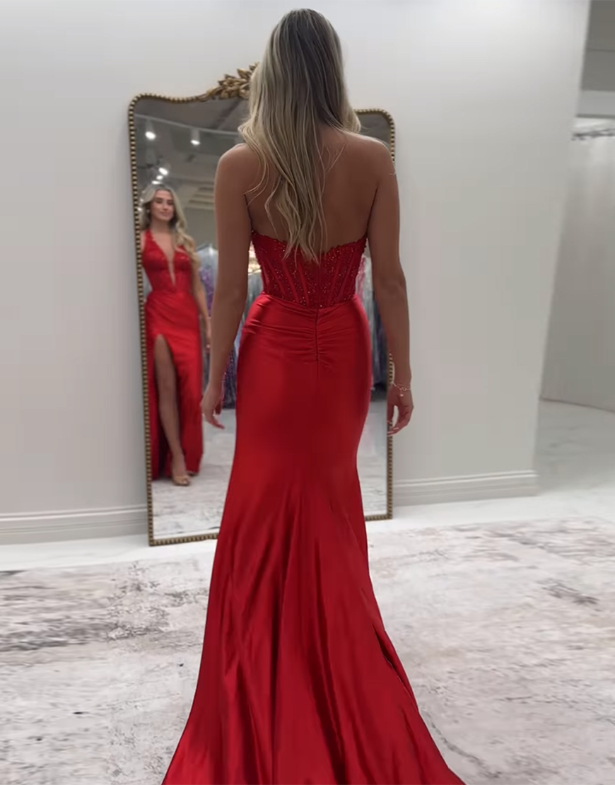 Sparkly Red Mermaid Halter Sequined Corset Long Prom Dress with Slit