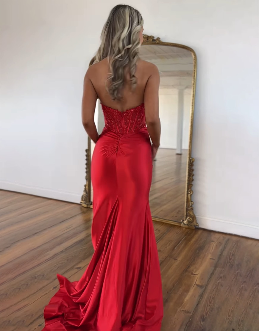 Sparkly Red Mermaid Halter V-Neck Beading Long Prom Dress with Slit