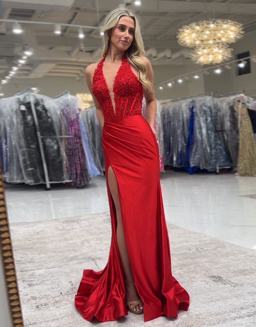 Sparkly Red Mermaid Halter Sequined Corset Long Prom Dress with Slit