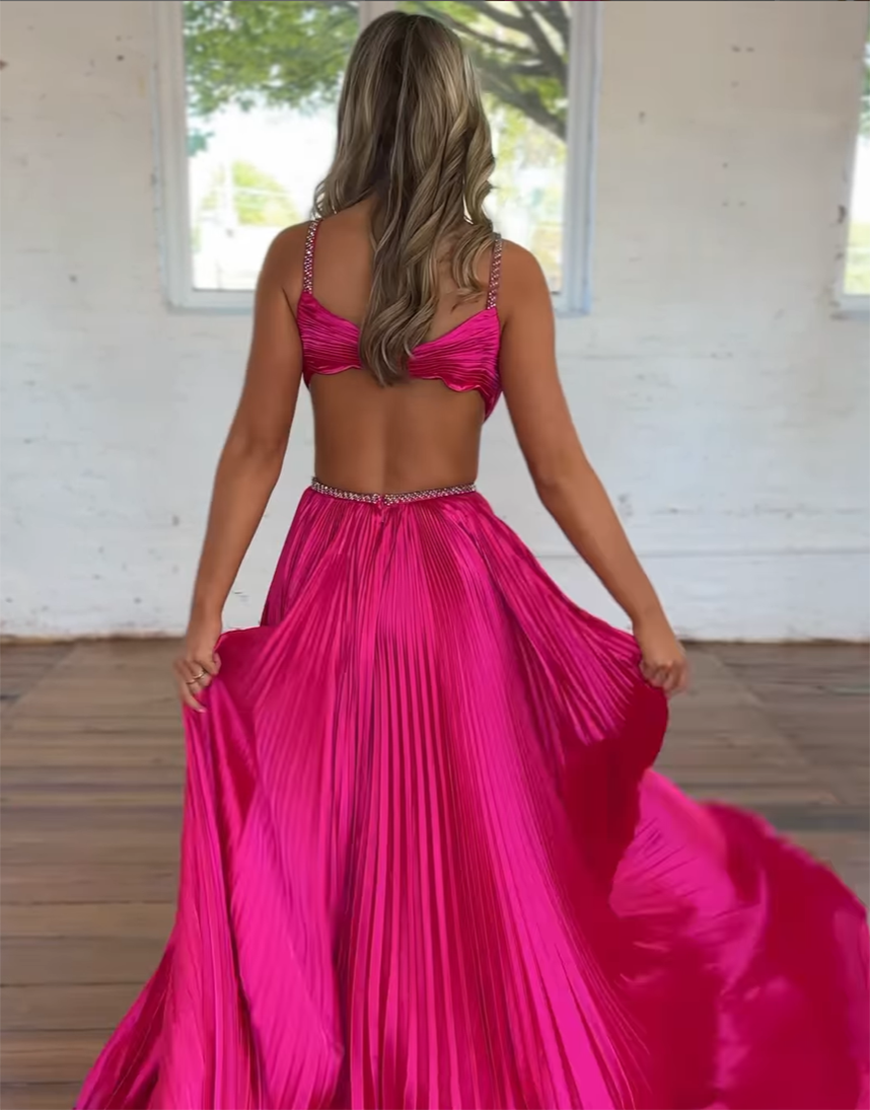 Sparkly Fuchsia A-Line Rhinestones Spaghetti Straps Pleated Long Prom Dress with Slit