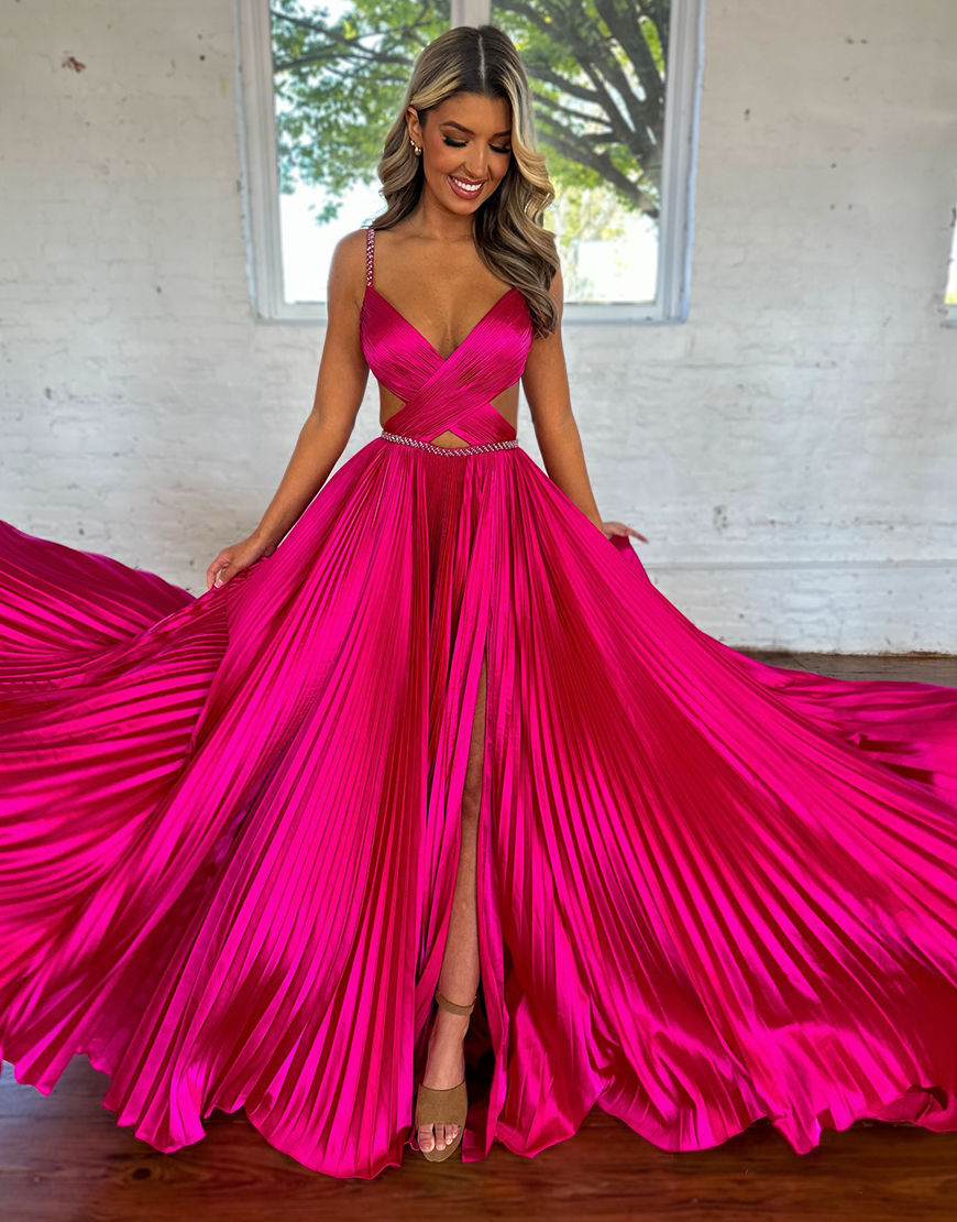 Sparkly Fuchsia A-Line Rhinestones Spaghetti Straps Pleated Long Prom Dress with Slit