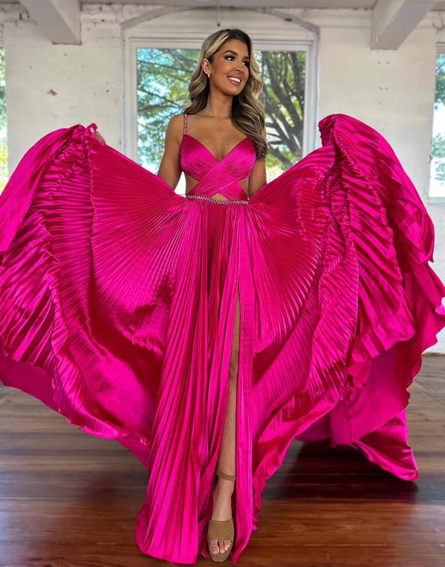 Sparkly Fuchsia A-Line Rhinestones Spaghetti Straps Pleated Long Prom Dress with Slit