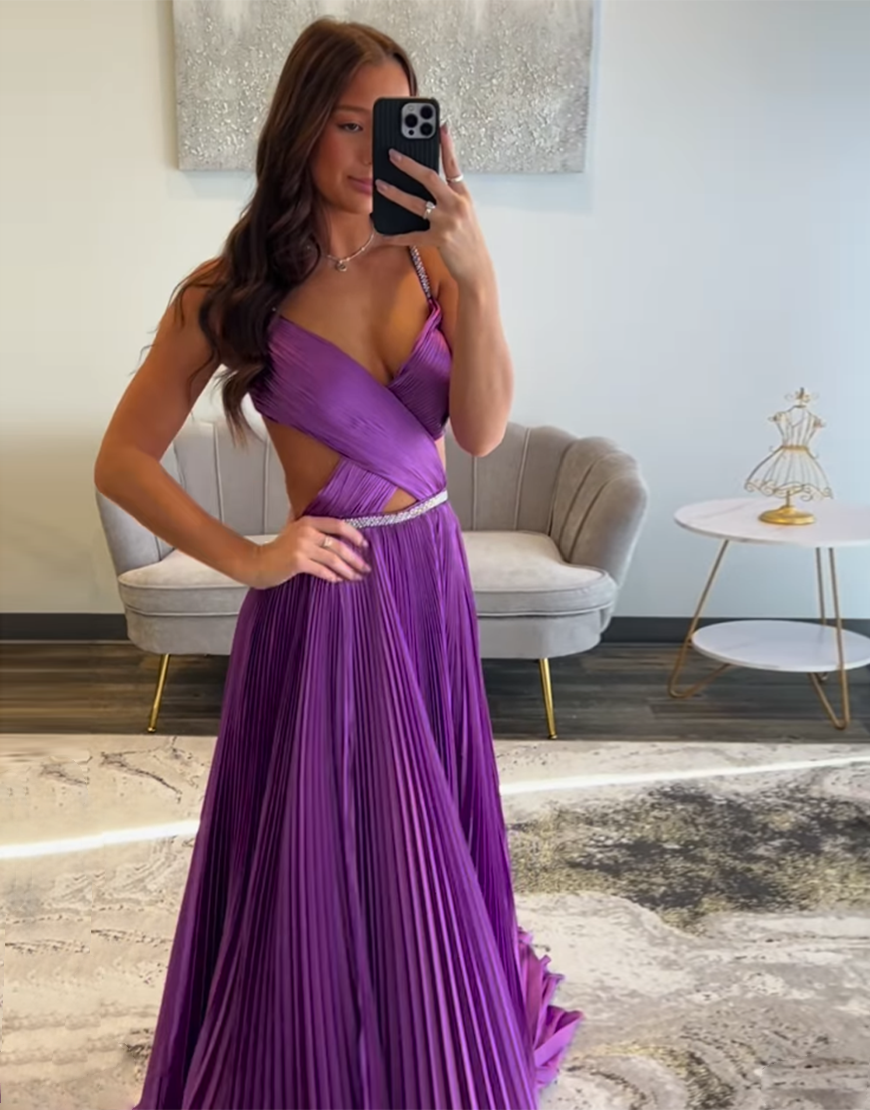 Sparkly Fuchsia A-Line Rhinestones Spaghetti Straps Pleated Long Prom Dress with Slit