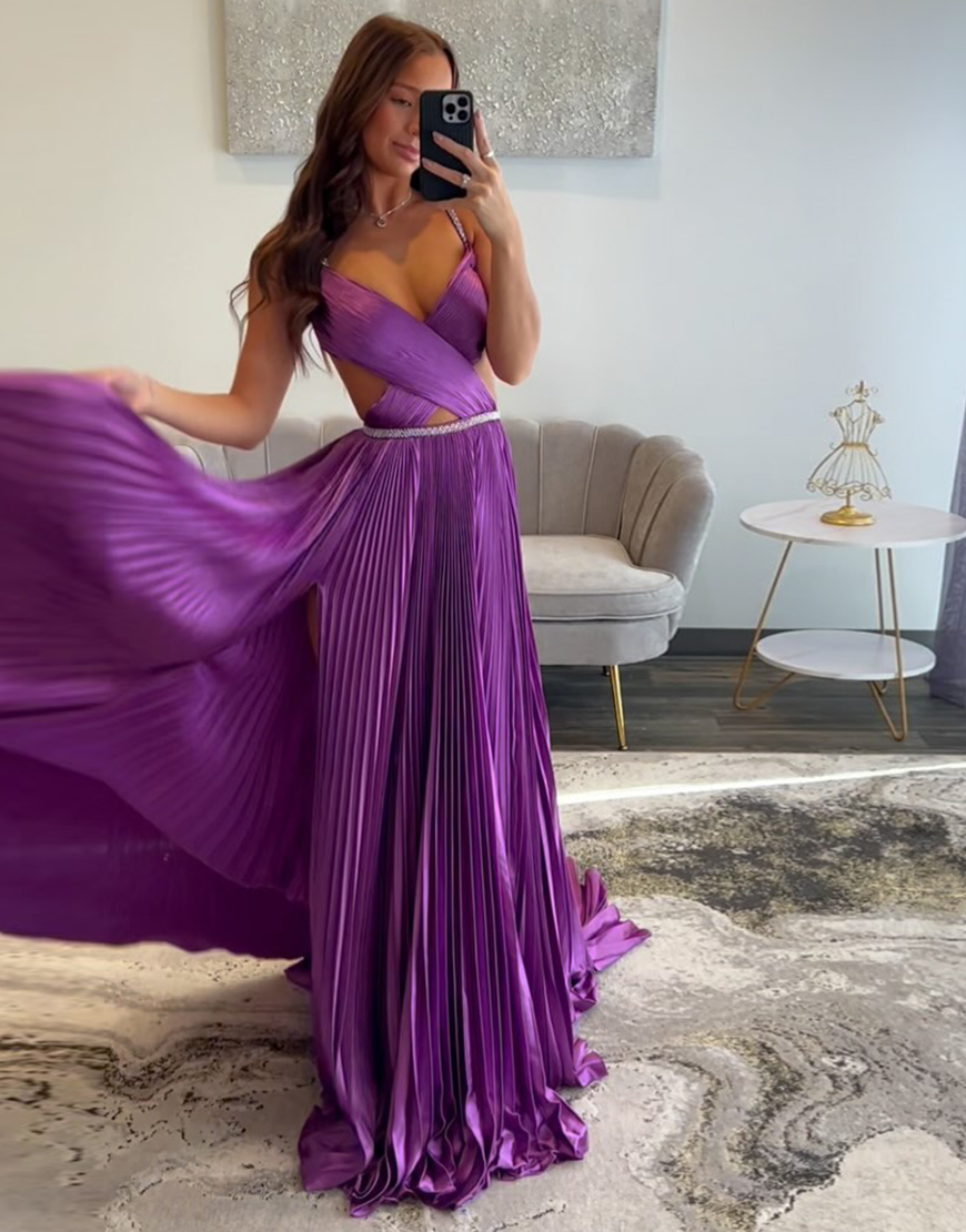 Sparkly Fuchsia A-Line Rhinestones Spaghetti Straps Pleated Long Prom Dress with Slit