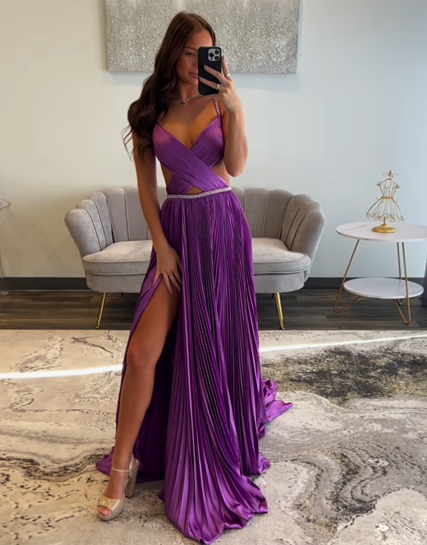 Sparkly Fuchsia A-Line Rhinestones Spaghetti Straps Pleated Long Prom Dress with Slit