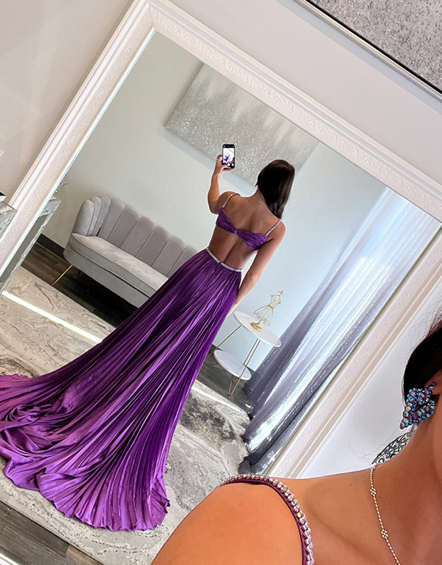 Sparkly Fuchsia A-Line Rhinestones Spaghetti Straps Pleated Long Prom Dress with Slit