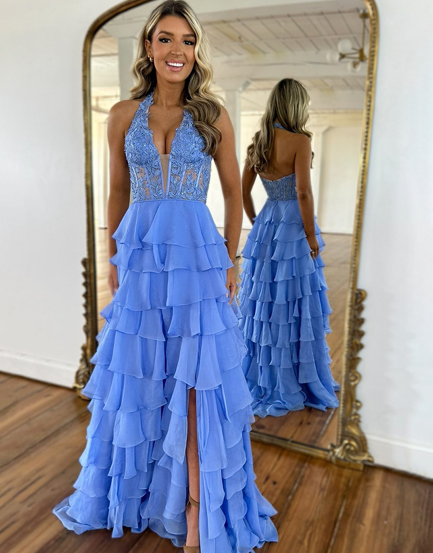 A Line Sky Blue Halter Appliques Tiered Pleated Long Prom Dress with Slit