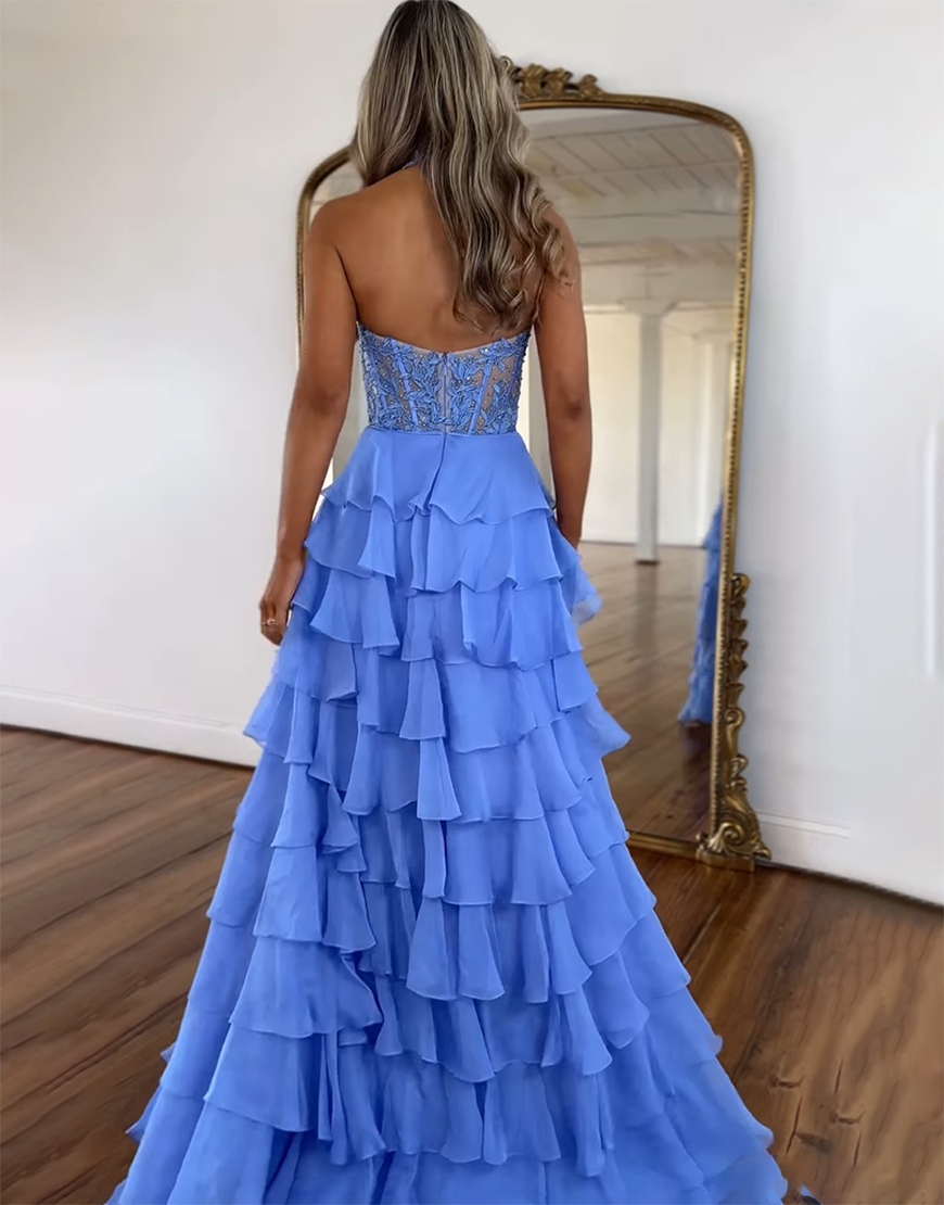 A Line Sky Blue Halter Appliques Tiered Pleated Long Prom Dress with Slit