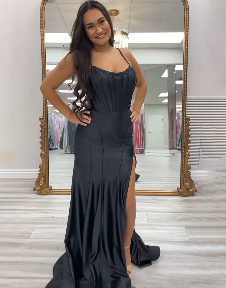 Sparkly Black A Line Spaghetti Straps Corset Satin Long Prom Dress with Slit
