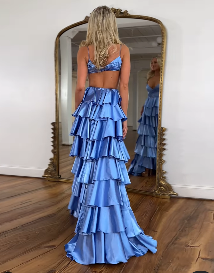 Red A-Line Spaghetti Straps Tiered Pleated Long Prom Dress with Slit