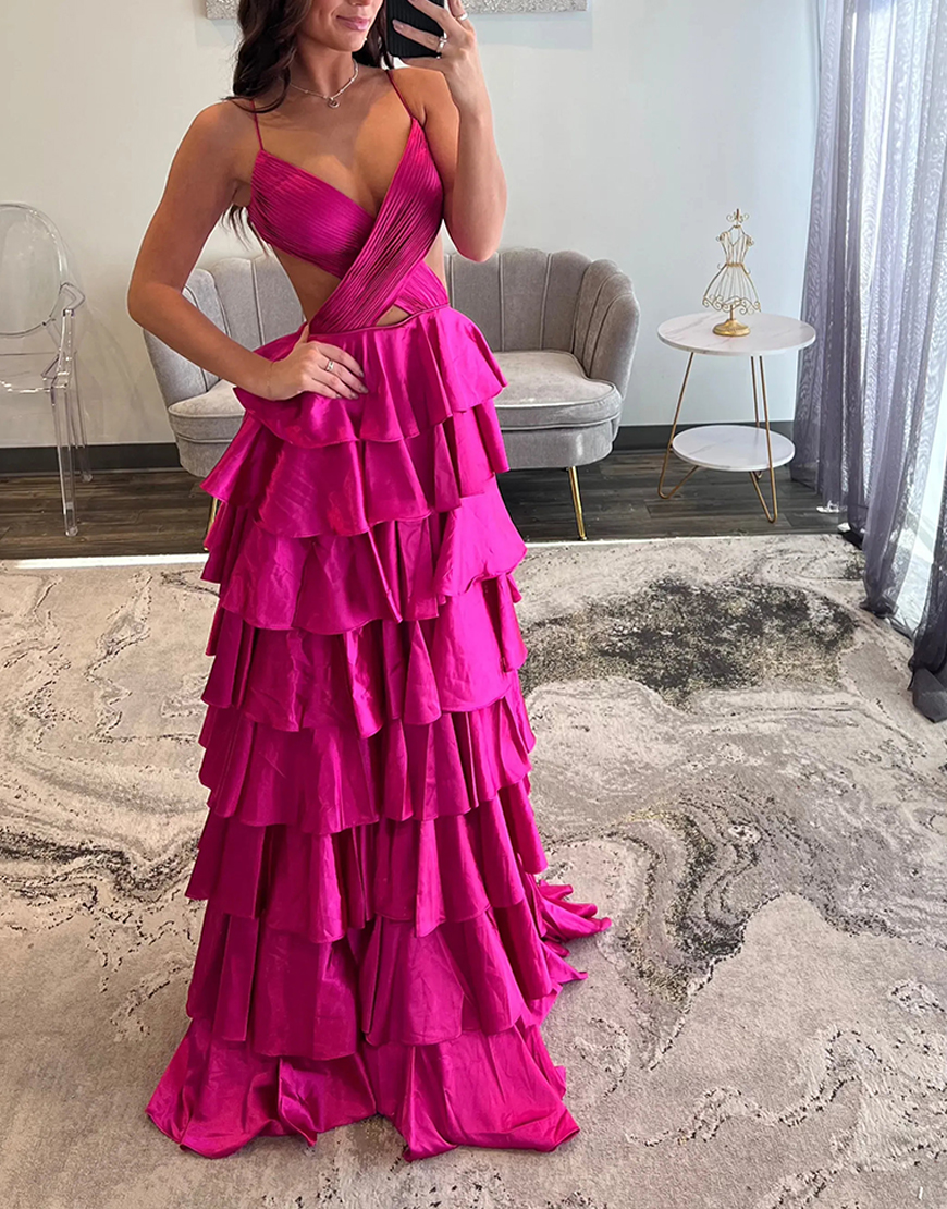Red Cut Out A-Line Spaghetti Straps Tiered Pleated Long Prom Dress with Slit