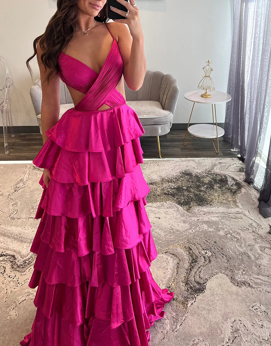 Red Cut Out A-Line Spaghetti Straps Tiered Pleated Long Prom Dress with Slit