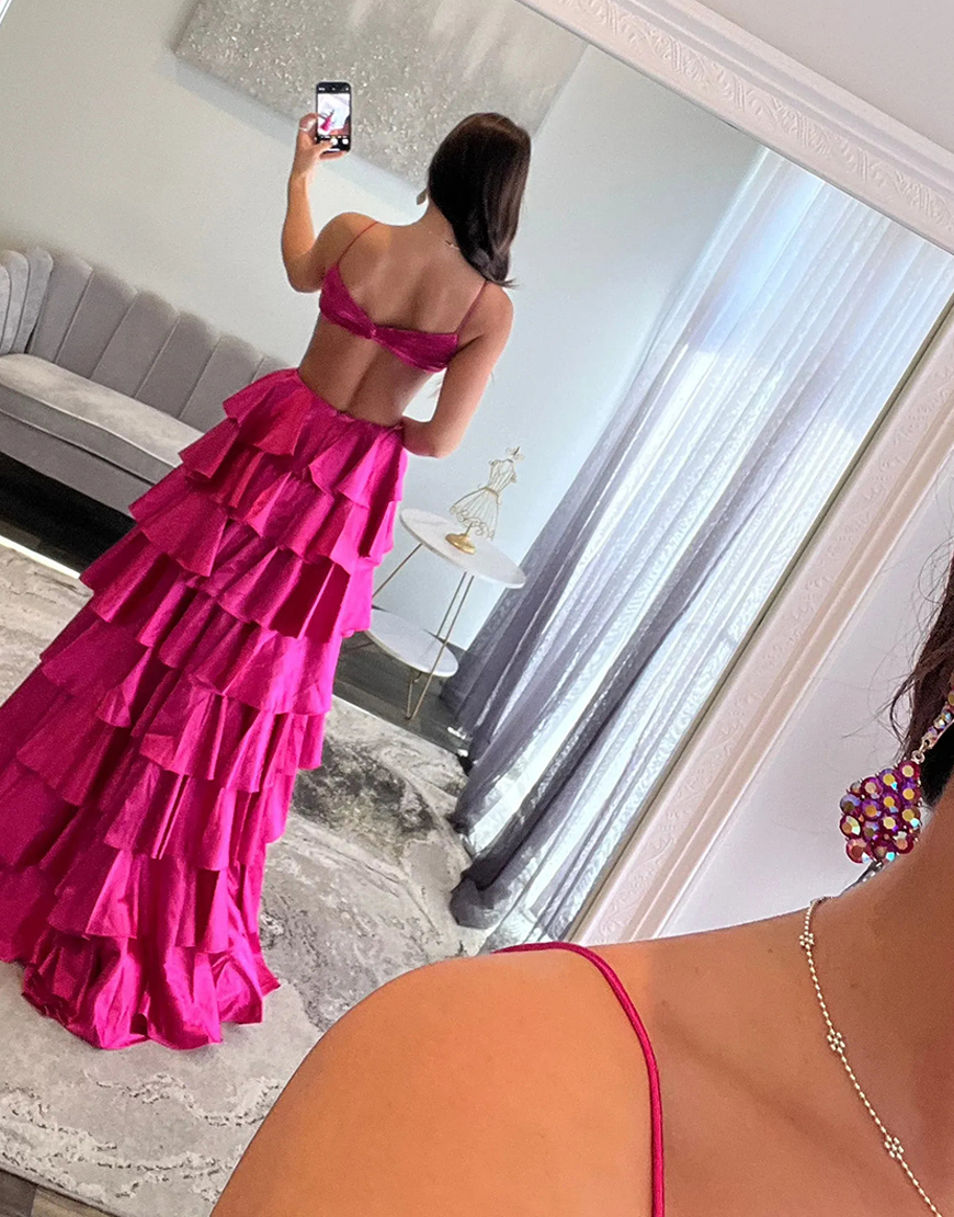 Red Cut Out A-Line Spaghetti Straps Tiered Pleated Long Prom Dress with Slit