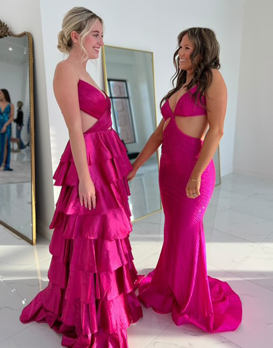 Red A-Line Spaghetti Straps Tiered Pleated Long Prom Dress with Slit