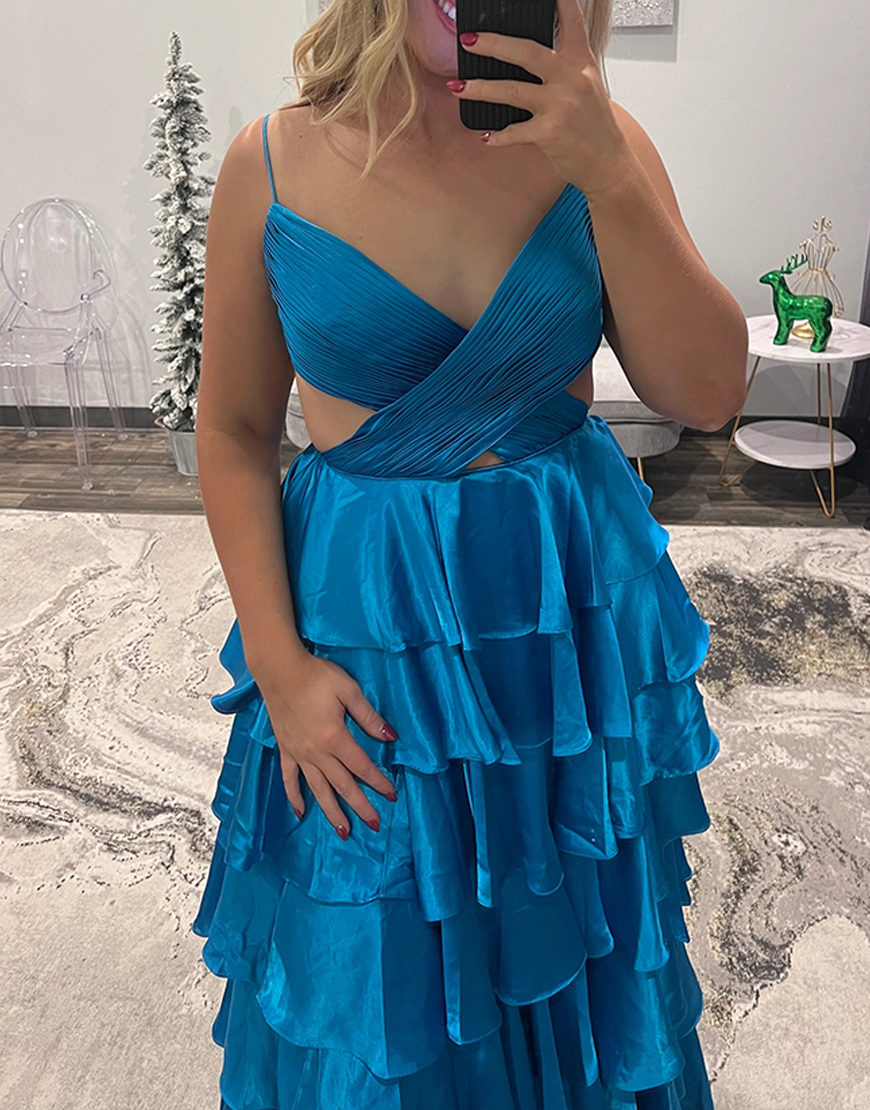 Red Cut Out A-Line Spaghetti Straps Tiered Pleated Long Prom Dress with Slit