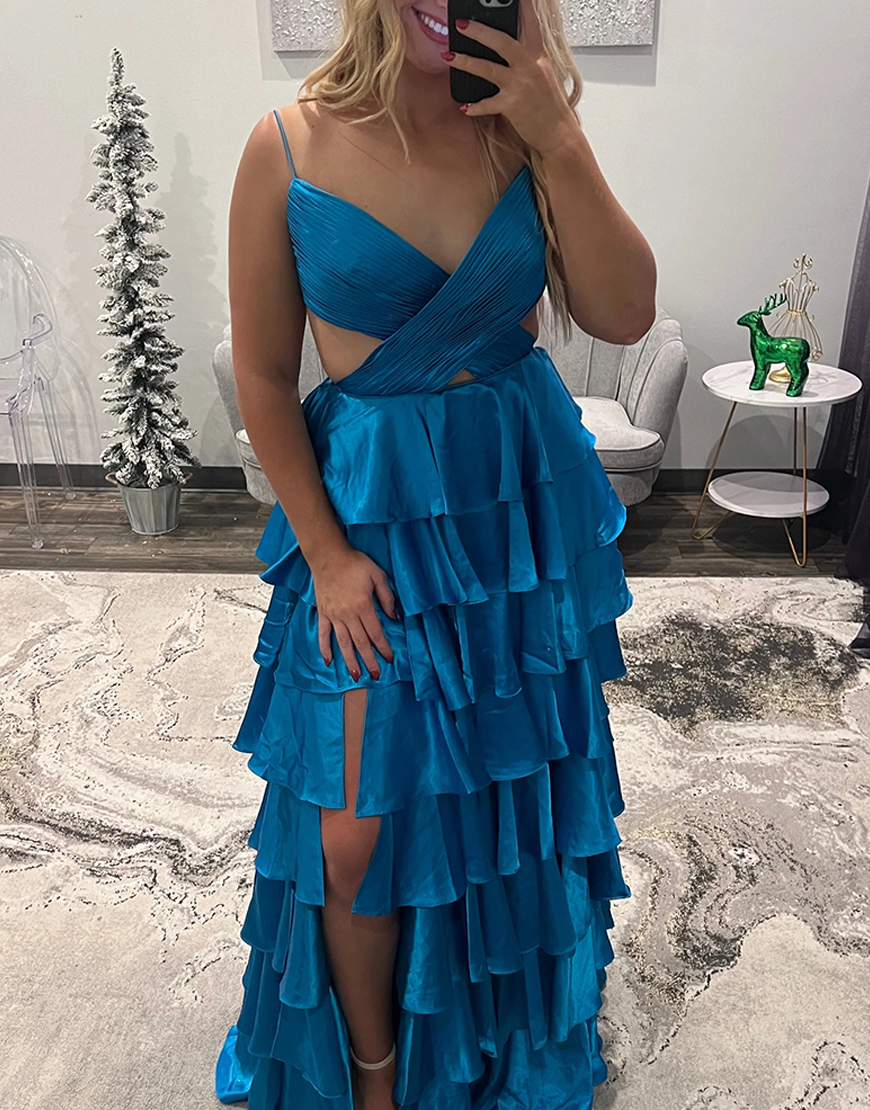 Red Cut Out A-Line Spaghetti Straps Tiered Pleated Long Prom Dress with Slit