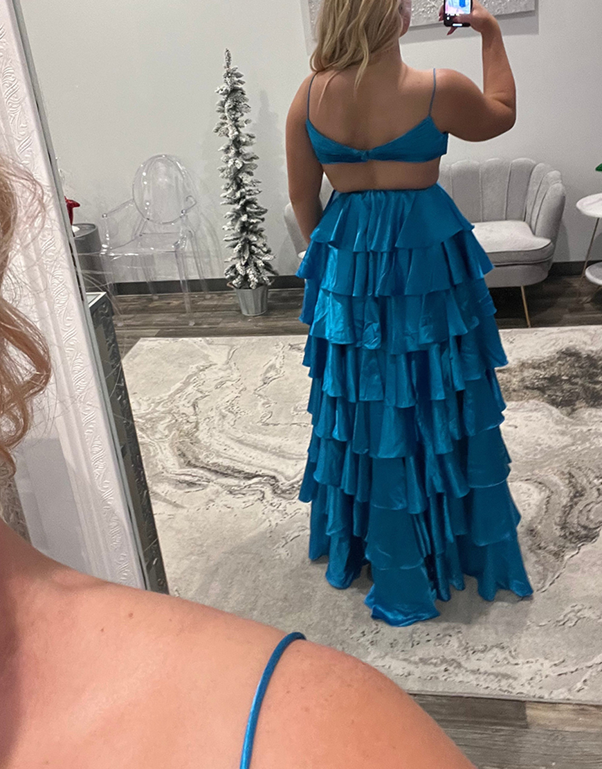 Red Cut Out A-Line Spaghetti Straps Tiered Pleated Long Prom Dress with Slit