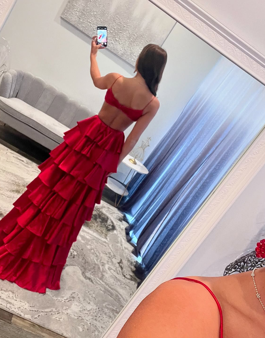 Sparkly Red A-Line Spaghetti Straps Tiered Pleated Long Prom Dress with Slit
