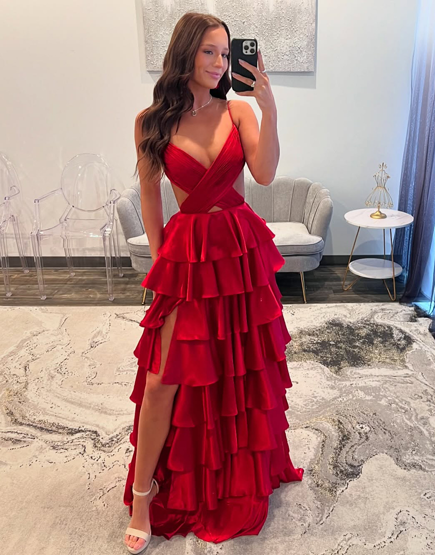 Sparkly Red A-Line Spaghetti Straps Tiered Pleated Long Prom Dress with Slit