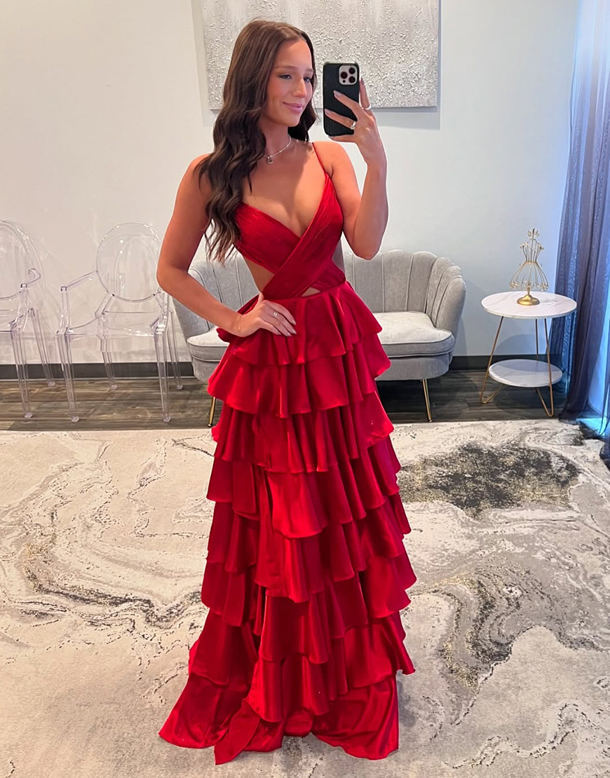 Sparkly Red A-Line Spaghetti Straps Tiered Pleated Long Prom Dress with Slit