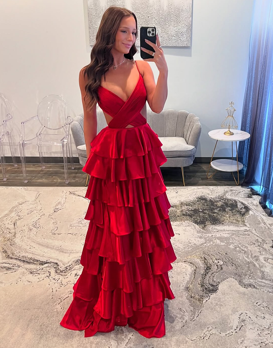 Sparkly Red A-Line Spaghetti Straps Tiered Pleated Long Prom Dress with Slit