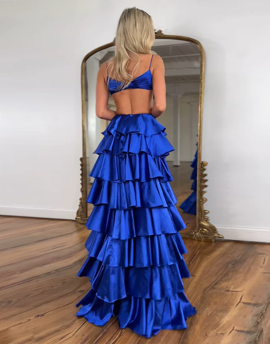 Red A-Line Spaghetti Straps Tiered Pleated Long Prom Dress with Slit