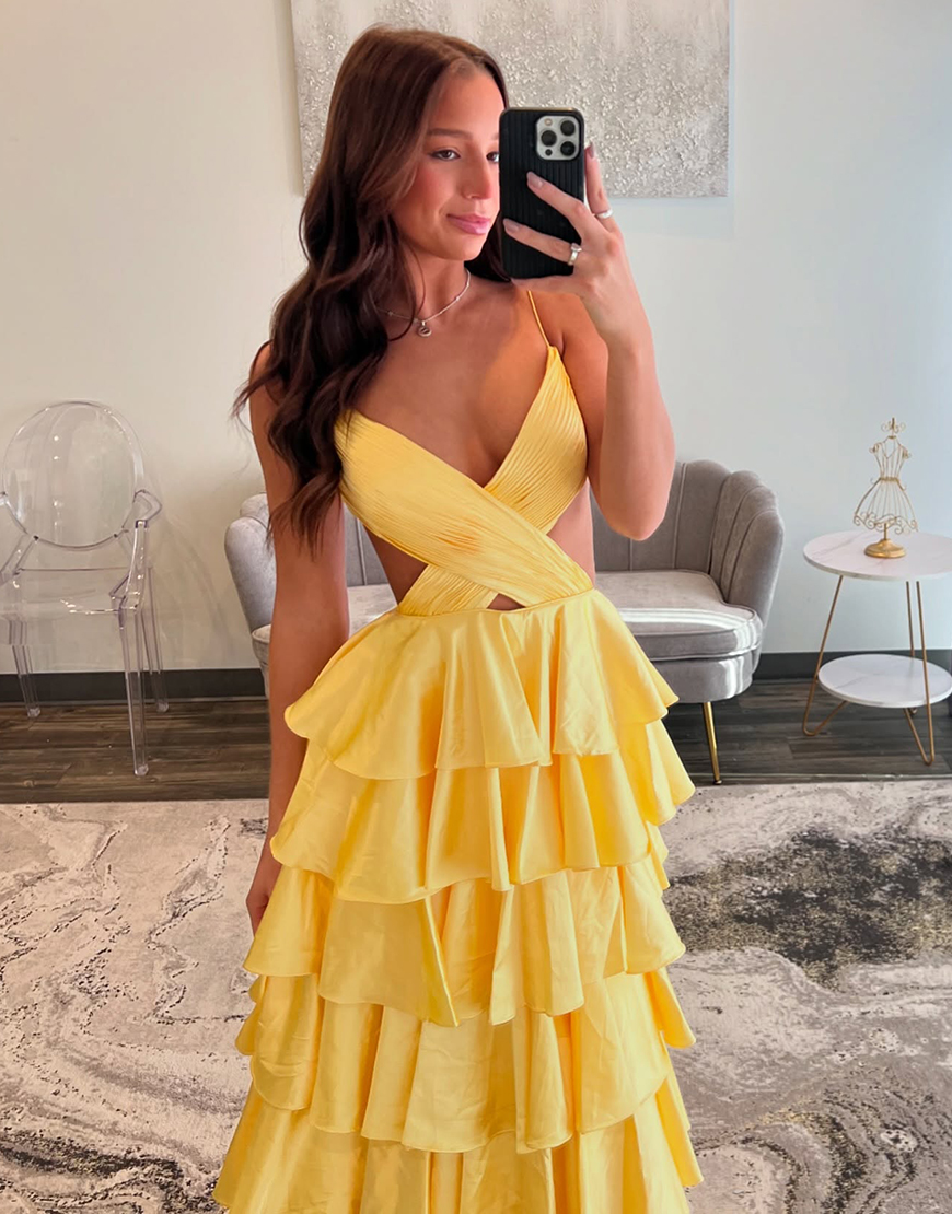 Red A-Line Spaghetti Straps Tiered Pleated Long Prom Dress with Slit