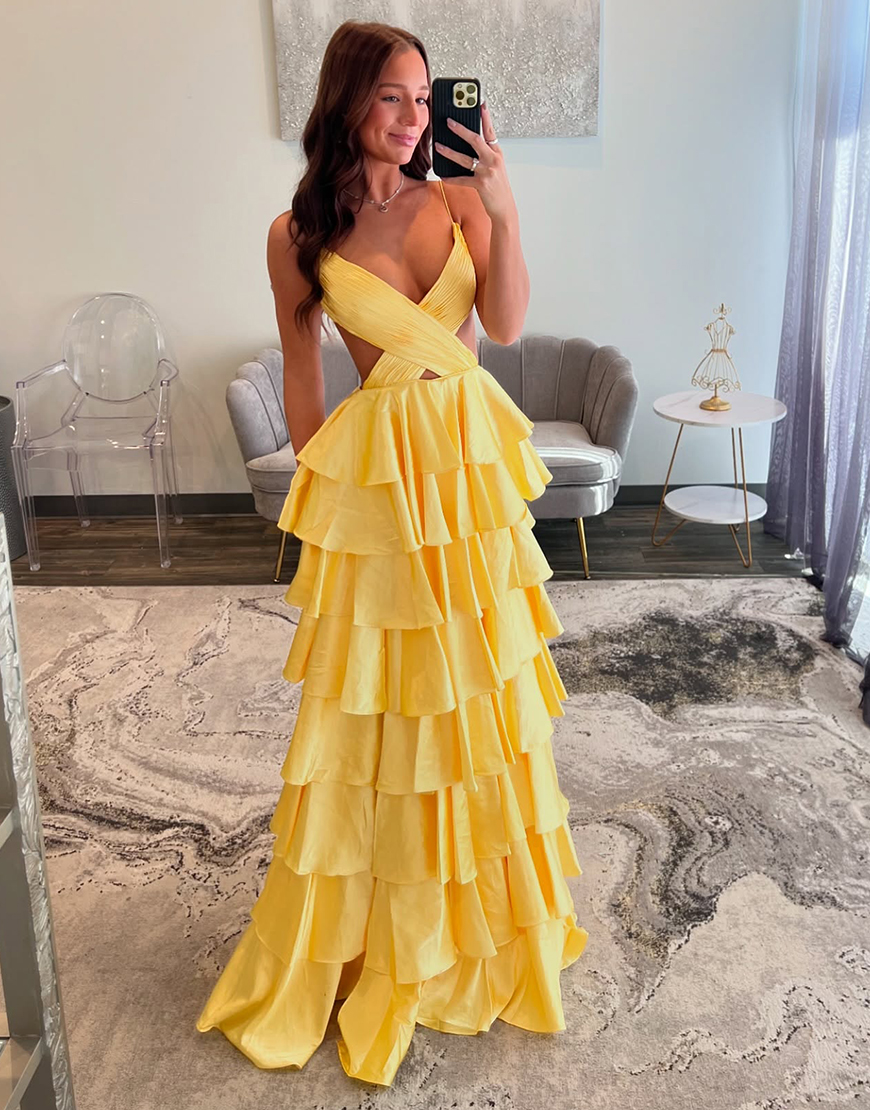 Red A-Line Spaghetti Straps Tiered Pleated Long Prom Dress with Slit