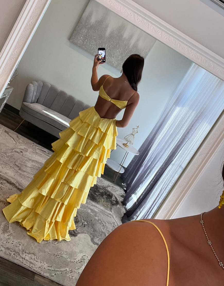 Red A-Line Spaghetti Straps Tiered Pleated Long Prom Dress with Slit