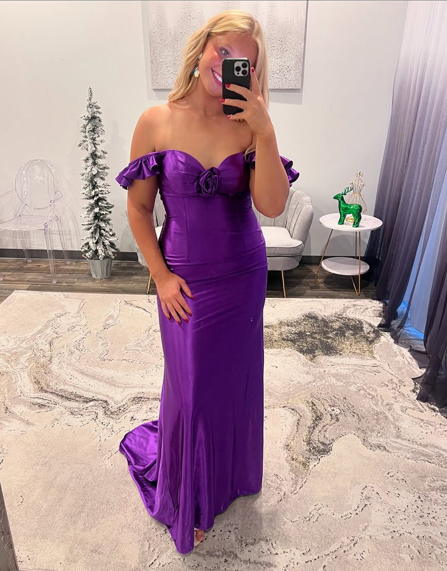 Sparkly Purple Mermaid Off the Shoulder Split Long Prom Dress with Ruffles