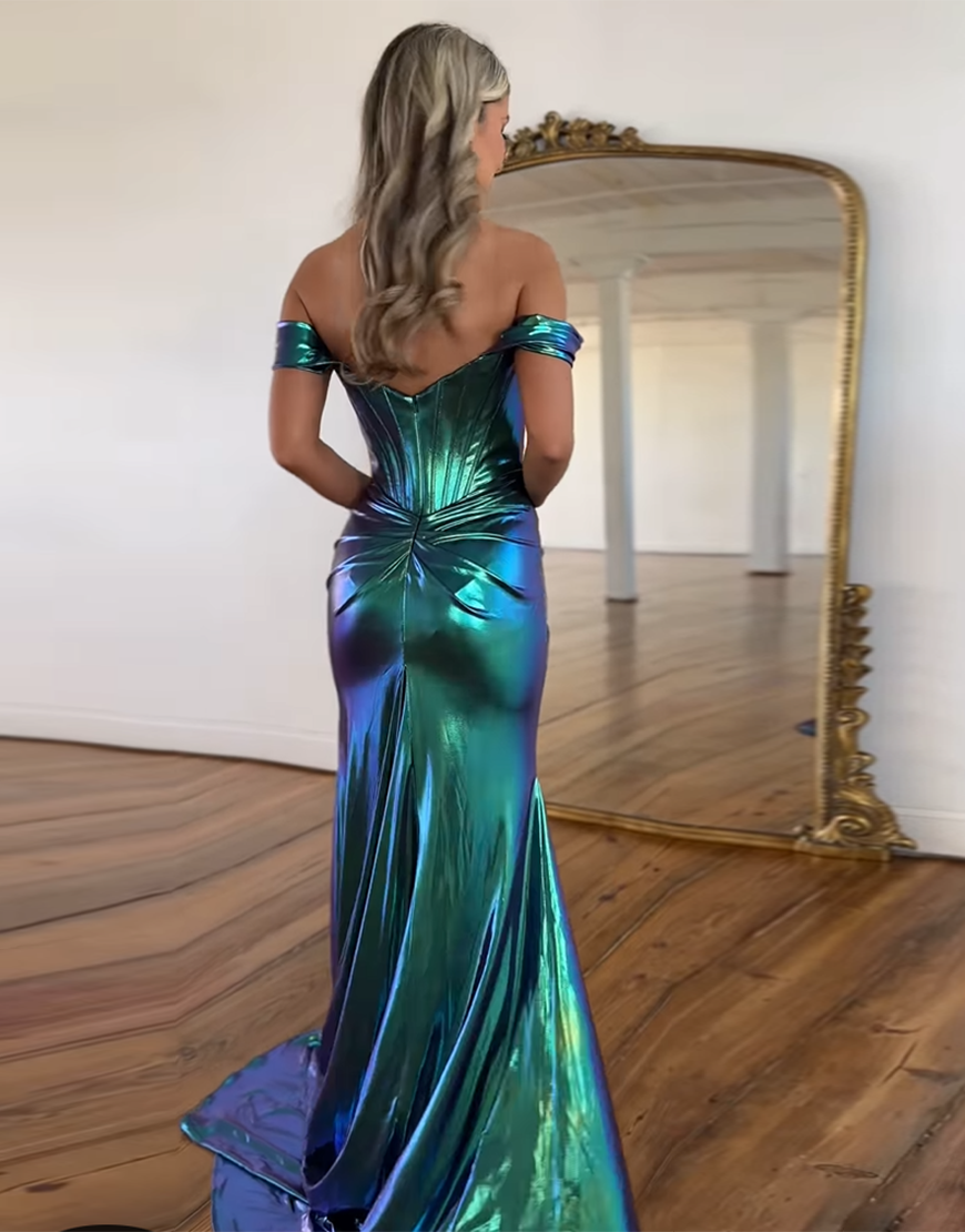 Sparkly Fuchsia Mermaid Off the Shoulder Ruched Long Prom Dress with Slit