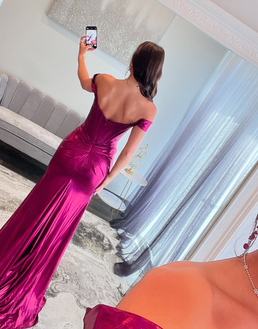 Sparkly Fuchsia Mermaid Off the Shoulder Ruched Long Prom Dress with Slit