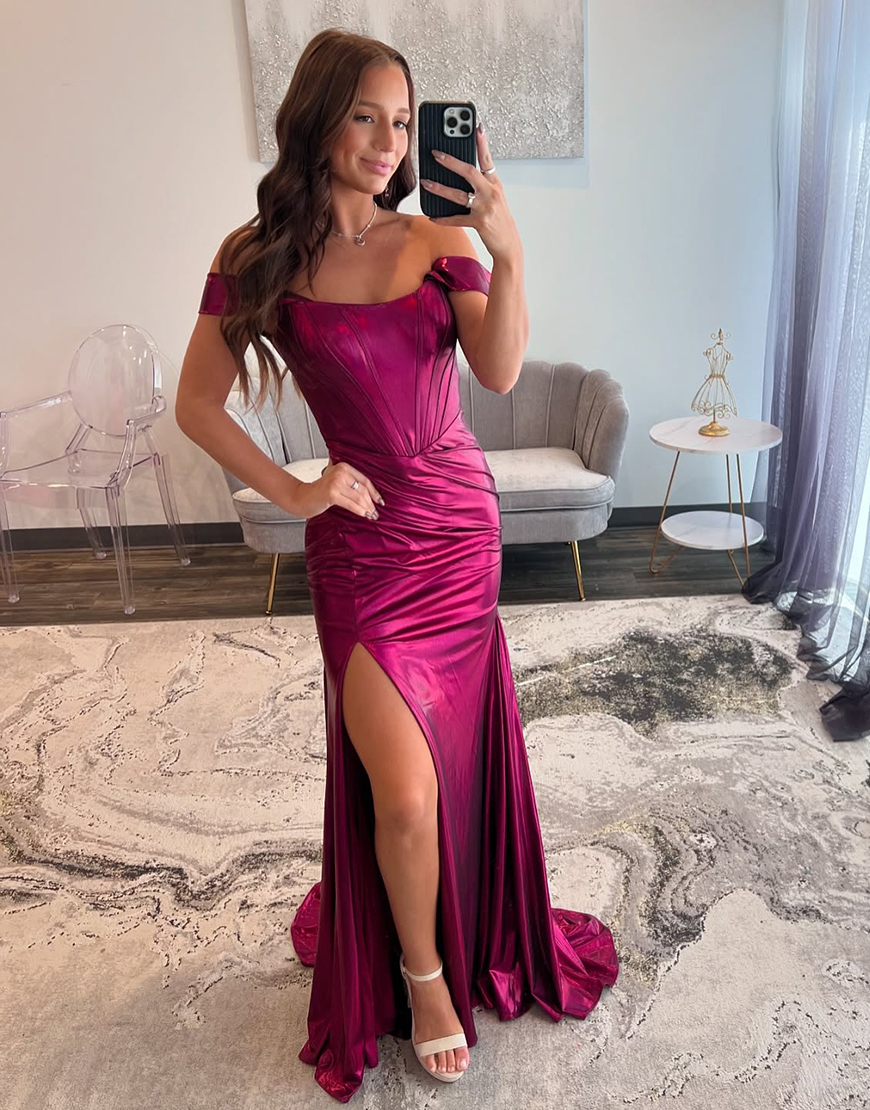 Sparkly Fuchsia Mermaid Off the Shoulder Ruched Long Prom Dress with Slit
