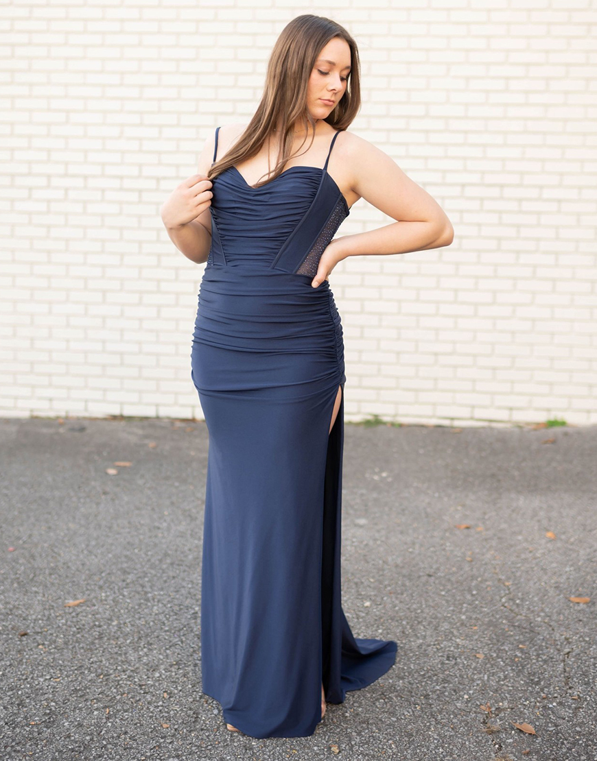 Navy Mermaid Spaghetti Straps Ruched Split Long Prom Dress with Sequins
