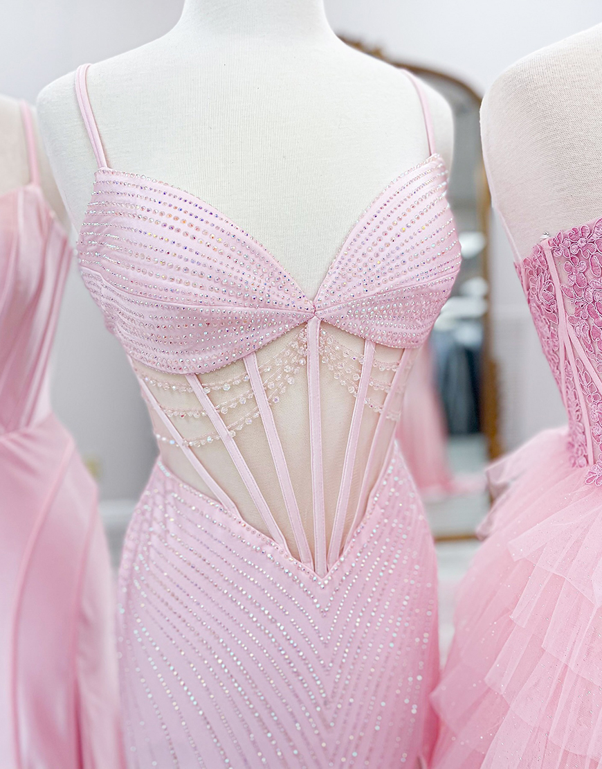 Sparkly Pink Mermaid Spaghetti Straps Sequins Long Prom Dress with Slit