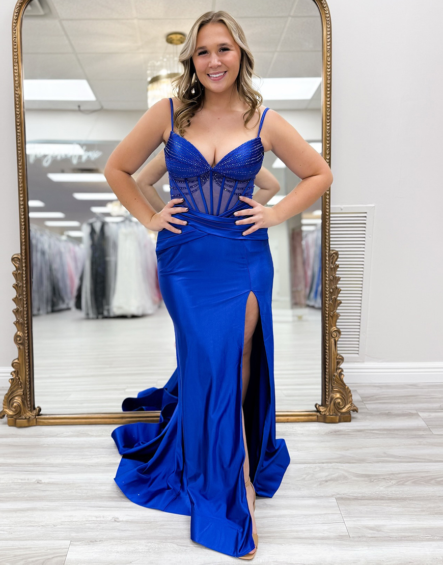 Sparkly Royal Blue Mermaid Spaghetti Straps Sequins Long Prom Dress with Slit
