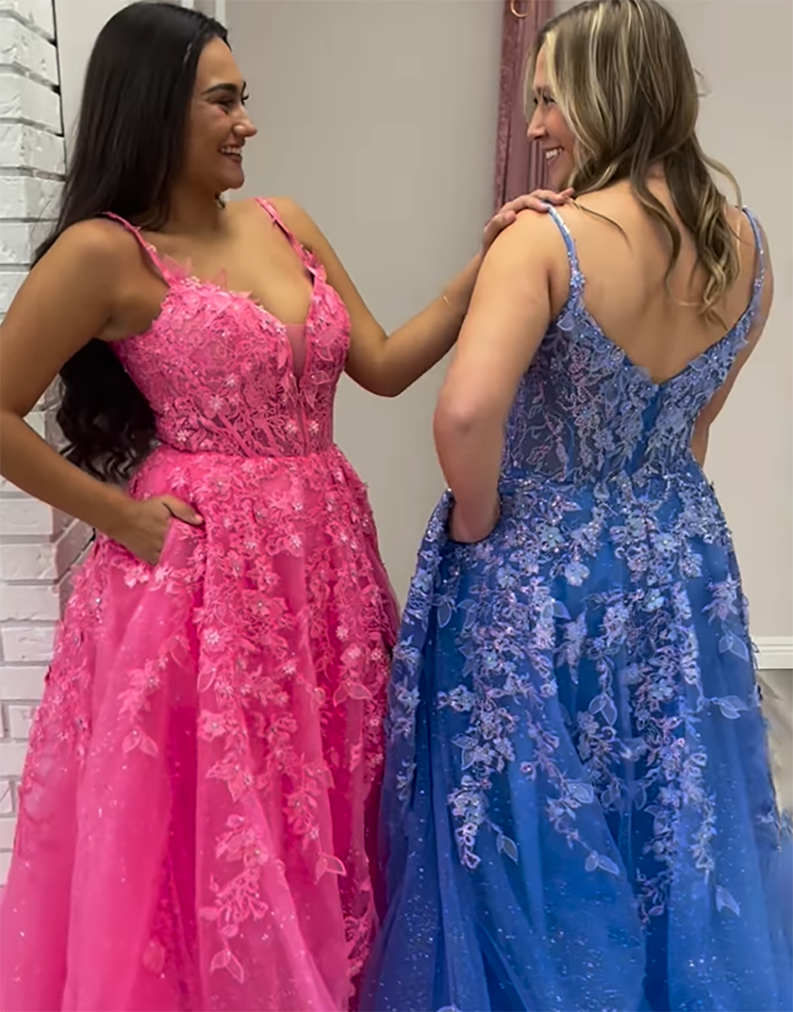 Sparkly Royal Blue A-Line Spaghetti Straps Long Prom Dress with Sequins Appliques