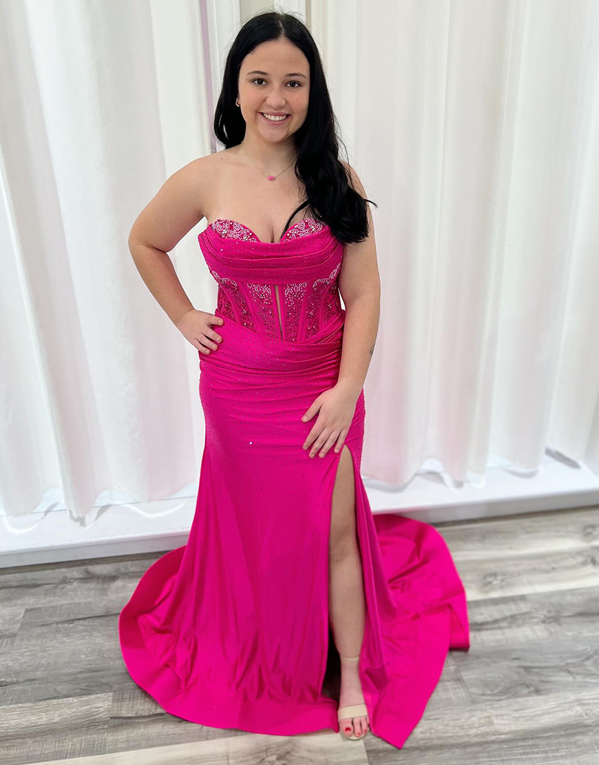 Sparkly Fuchsia Mermaid Strapless Beading Corset Long Prom Dress with Slit