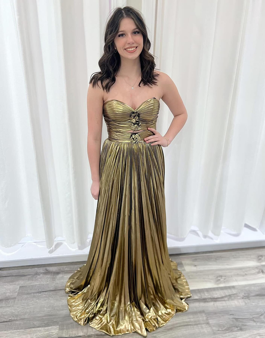Gold A-Line Strapless Sweetheart Ruched Long Prom Dress with 3D Flower