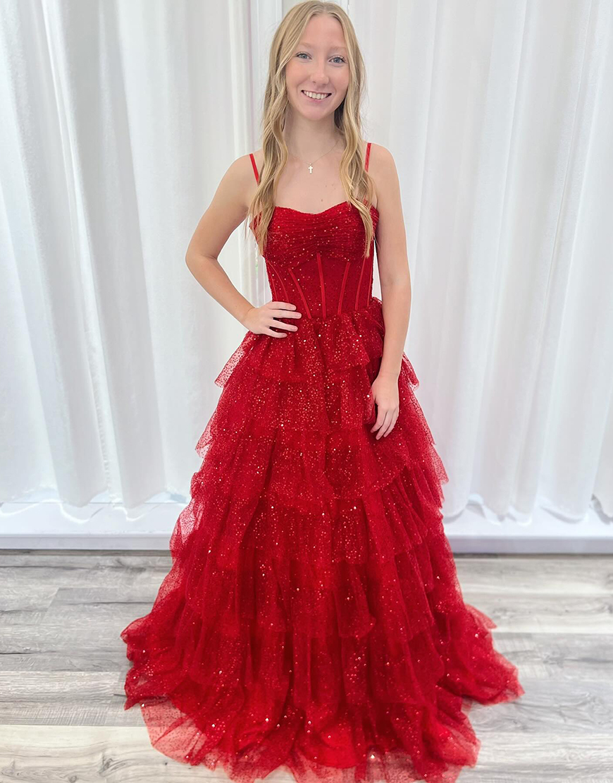 Sparkly Red A-Line Spaghetti Straps Corset Tulle Long Prom Dress With Sequin