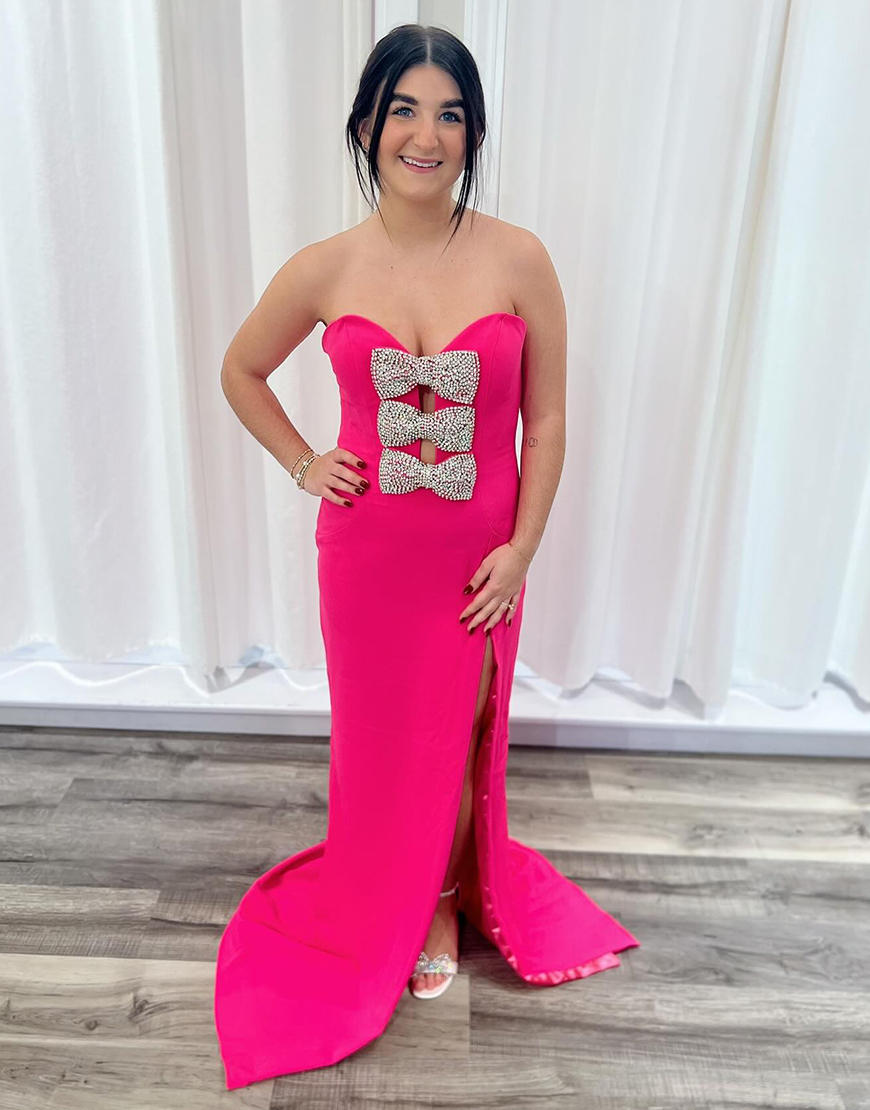 Sparkly Fuchsia Mermaid Strapless Beaded Slit Long Prom Dress with Bow